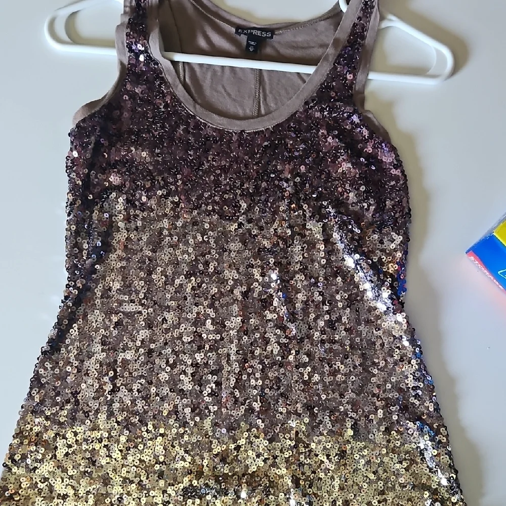 Express Sequin Tank Top in Gold and Brown - Picture 1 of 7